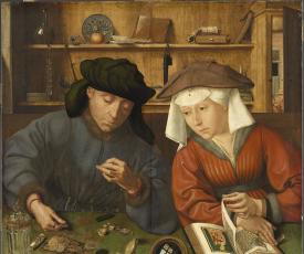 Quentin Metsys (1466-1530), Le Prêteur et sa femme (Le Changeur et sa femme). 1514, huile sur bois, 70 × 67 cm. Paris, musée du Louvre (no inv. INV. 1444)