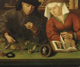 Quentin Metsys (1466-1530), Le Prêteur et sa femme (Le Changeur et sa femme [détail de la partie inférieure]). 1514, huile sur bois, 70 × 67 cm. Paris, musée du Louvre (no inv. INV. 1444)