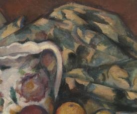 Paul Cézanne (1839-1906), Pommes et oranges (détail de la draperie aux feuillages). Vers 1899, peinture (huile sur toile), 74 × 93 cm. Paris, musée d’Orsay