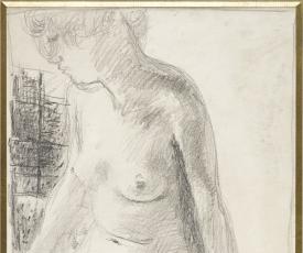 Pierre Bonnard (1867-1947), Nu de trois quarts dans une salle de bains. Vers 1924-1925, dessin (crayon noir sur papier vélin contrecollé sur carton), 51,9 × 34,8 cm. Paris, musée d’Orsay, conservé au musée du Louvre
