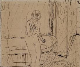 Pierre Bonnard (1867-1947), Femme nue debout devant une baignoire, à ses pieds, un tapis de bain. Dessin (plume, encre brune, mine de plomb), 14,9 × 15 cm. Paris, musée d’Orsay, conservé au musée du Louvre
