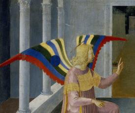 Guido Di Pietro, dit Fra Angelico (vers 1400-1455), L’Annonciation. Élément d’un panneau de l’armoire des ex-voto d’argent de la basilique della Santissima Annunziata à Florence (Italie). 1450-1452, peinture (tempera sur bois), 38,5 × 37 cm. Italie, Florence, Museo di San Marco