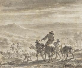 Nicolaes Pietersz. Berchem (1620-1683), Le Passage du gué à la tombée du jour. Provient de la collection His de La Salle. XVIIe siècle, dessin (lavis gris, pierre noire, pinceau), 14,5 × 19 cm. Paris, musée du Louvre, département des Arts graphiques (RF 641, Recto)