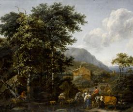 Nicolaes Pietersz. Berchem (1620-1683), Paysage aux grands arbres avec des animaux près d’un gué. 1653, peinture (huile sur toile), 130,5 × 195,5 cm. Paris, musée du Louvre (INV 1037)