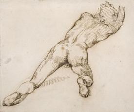 Théodore Géricault (1791-1824), Étude pour la figure de l’homme à genoux levant le bras droit. Étude pour Le Radeau de La Méduse. 1819, dessin (encre sur papier), 23,2 × 28,9 cm. Bayonne, musée Bonnat-Helleu (NI727recto;AI2048recto)