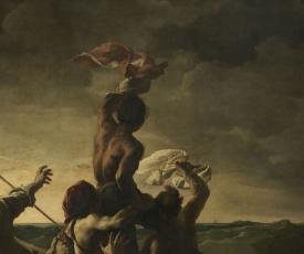Théodore Géricault (1791-1824), Le Radeau de La Méduse. Titre ancien : Scène de naufrage. Détail des personnages vus de dos. 1818-1819, peinture (huile sur toile), 491 × 716 cm. Paris, musée du Louvre (INV 4884)