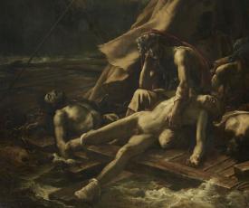 Théodore Géricault (1791-1824), Le Radeau de La Méduse. Titre ancien : Scène de naufrage. Détail de l’homme appuyé sur sa main, le cadavre de son fils étendu sur ses genoux. 1818-1819, peinture (huile sur toile), 491 × 716 cm. Paris, musée du Louvre (INV 4884)