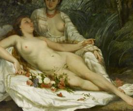 Gustave Courbet (1819-1877), Baigneuses, dit aussi Deux femmes nues. 1858, peinture (huile sur toile), 115,4 × 155,5 cm (à l’origine ; tronqué entre 1930 et 1950 d’environ 65 cm à la partie supérieure et d’environ 20 cm à la partie inférieure). Ornans, musée Gustave-Courbet (dépôt du musée d’Orsay ; MNR 876)