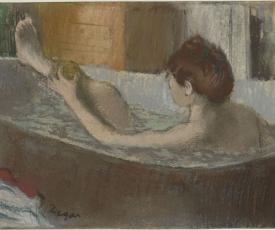 Edgar Degas (1834-1917), Femme dans son bain s’épongeant la jambe. Vers 1883, pastel (pastel sur monotype), 19,7 × 41 cm. Paris, musée d’Orsay (RF 4043, Recto, RF 4043)