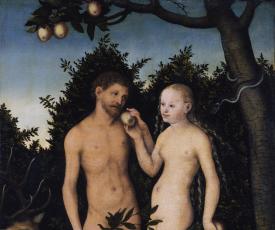 Lucas Cranach l’Ancien (1472-1553), Adam et Ève au paradis. Le Péché originel. 1533, peinture (huile sur bois de hêtre), 50,5 × 35,7 cm. Allemagne, Berlin, Gemäldegalerie (567)