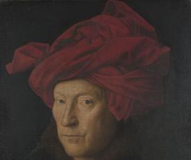 Jan Van Eyck - Portrait d’un homme (autoportrait ?). 1433, peinture (huile sur bois de chêne), 26 × 19 cm. Royaume-Uni, Londres, The National Gallery (NG222)