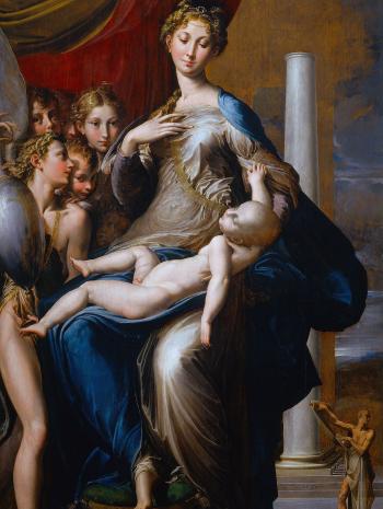 Vierge au long cou tenant le Christ enfant allongé sur ses genoux