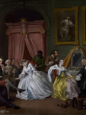 Une femme à sa toilette entourée d'hommes