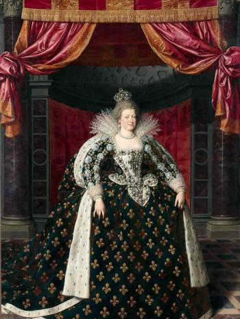 Ce tableau est le seul préservé de l’incendie de la Petite Galerie en 1661 au Louvre. La reine porte Le Petit Sancy au sommet de la couronne et la nouvelle Grande Croix sur le corsage. 