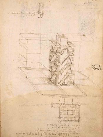 Les carnets de Léonard de Vinci sont annotés de nombreuses observations, recherches, croquis, notamment d’architecture. Cette page nous présente un escalier présentant quatre montées. Sur plan carré, il est adaptable à un plan circulaire. Toutefois, la transposition d’un dessin vers l’architecture est assez complexe pour que l’escalier du château de Chambord soit simplifié à deux montées. 