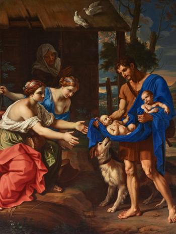 1 homme avec deux bébés dans les bras et un chien à ses pieds se tient en face de 3 femmes. Une des femme tend les bras vers les enfants. 