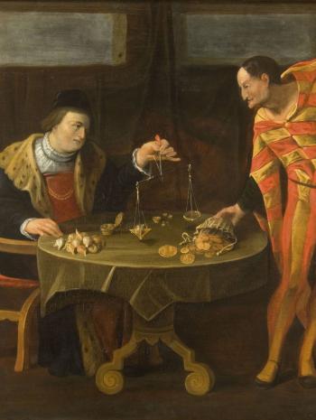 On y voit deux hommes, pesant leurs oignons sur une table.