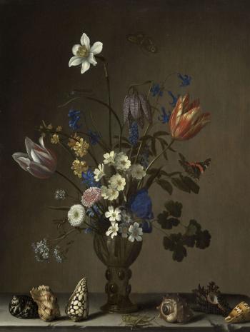 Vase avec des fleurs, à ses pieds il y a des coquillages ainsi qu'une sauterelle.
