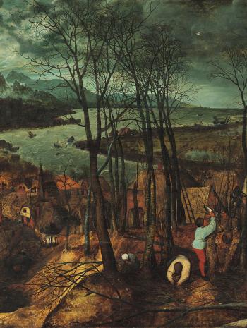 On y voit des villageois travailler, élaguer les arbres et ramasser les branches