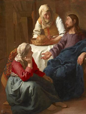 Christ parlant aux deux femmes, il est assis à droite de l'œuvre quand aux deux femmes, l'une à ses pieds et l'autre debout à sa droite lui tendant du pain.
