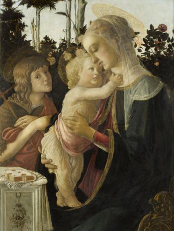 On voit une femme, la Vierge portant son enfant, Jésus accompagnés de Jean-Baptiste