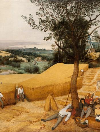 On y voit des paysans en été, ils font la moisson