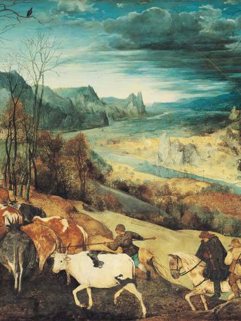 On y voit des paysans guidant leurs vaches, l'un d'eux ferme la marche à dos de cheval