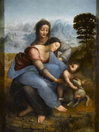 La Vierge porte Jésus, qui fait un câlin à un agneau, Sainte Anne porte Marie sur ses genoux