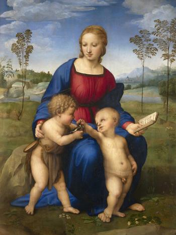 La Vierge est assise sur un rocher avec à ses côtés l'enfant Jésus et Saint jean encore enfant, Saint Jean tient dans ses mains un chardonneret