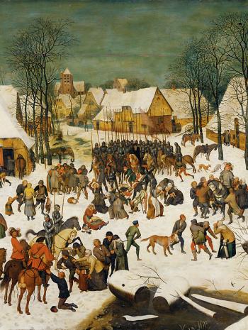 hommes en armures tuant des villageois sous la neige