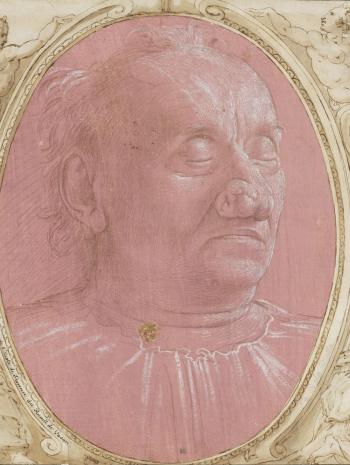 dessin d'un vieil homme, les yeux fermé et la peau rouge