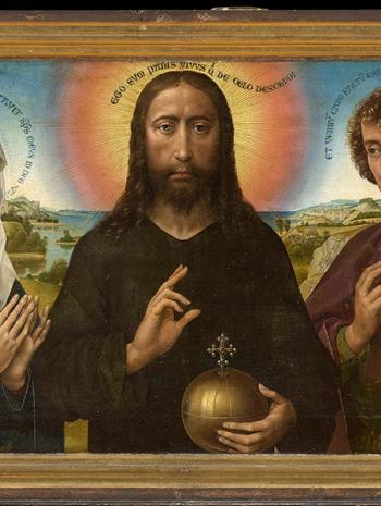 A gauche se trouve Saint Jean-Baptiste tenant un livre, au centre, le Christ entre la Vierge Marie et saint Jean l’Évangéliste et à droite se tient Marie-Madeleine.