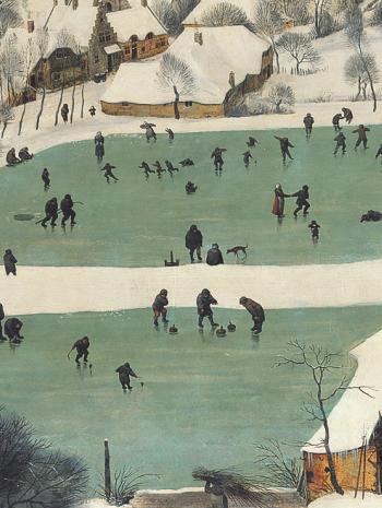 détail du lac glacé sur lequel les villageois jouent au curling ou hockey sur glace