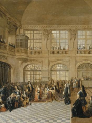 Le marquis de Dangeau, en habit de grand-maître de l'ordre, est agenouillé au centre devant le prie-Dieu du roi; il prête serment.
