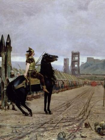 un cavalier devant des fortifications