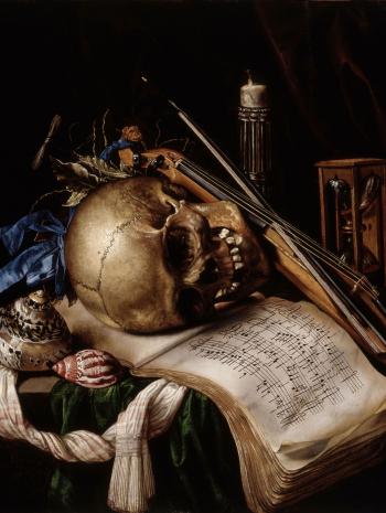 crâne, sablier, partition musicale