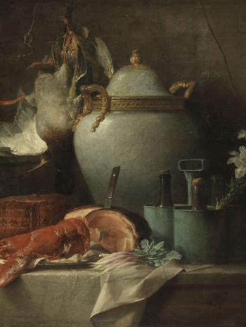 Vase, homard, fruits et gibier