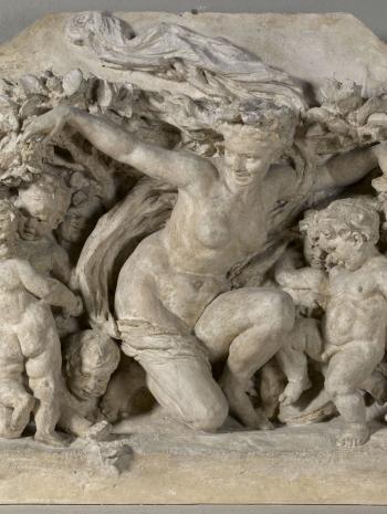 jeune femme nue accroupie avec des putti et une guirlande de fleurs