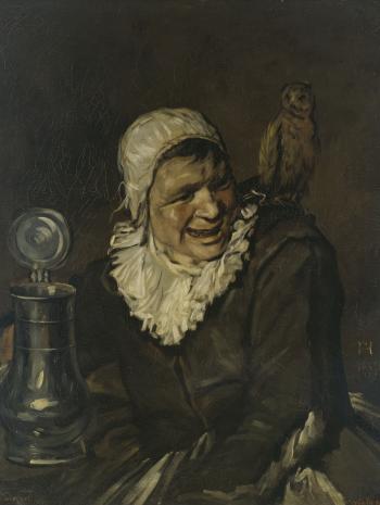 une femme avec une chope en étain