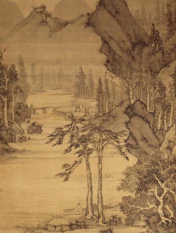 Dans une barque amarrée au rivage, sous deux pins aux racines tortueuses, un lettré contemple le fleuve 