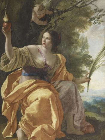 femme drapée en jaune tenant un coeur