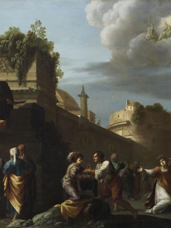 scène de lapidation d'un saint dans des ruines romaines