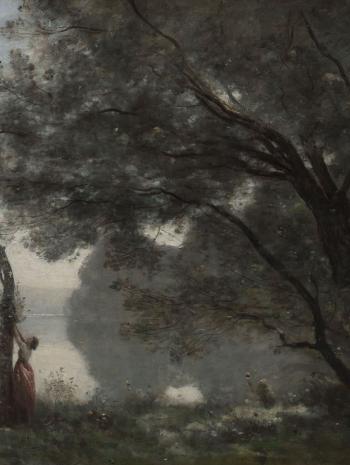 une femme près d'une mare et d'un arbre