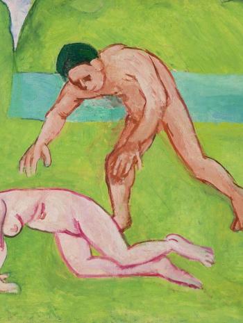 femme nue allongée sur de l'herbe, un homme dbout à coté