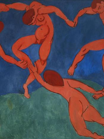 hommes nus dansant en rond sur un fond bleu