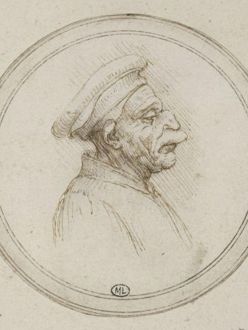 Vieil homme en buste de profil à droite, avec un bonnet rond