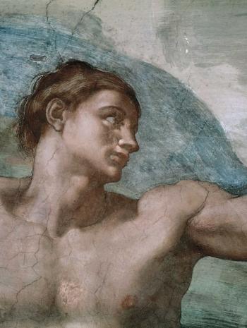 Michelangelo Buonarroti dit Michel-Ange (1475-1564), La Création d’Adam (détail d’Adam). 1508-1512, peinture (fresque ; pigments à l’eau sur enduit frais). Vatican, chapelle Sixtine