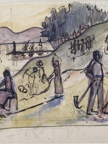 Paul Signac (1863-1935), Femmes au puits (première pensée pour la composition). 1892, dessin (aquarelle, encre noire, mine de plomb), 19,6 × 28,7 cm. Paris, musée d’Orsay, conservé au musée du Louvre (RF 37071 Recto)