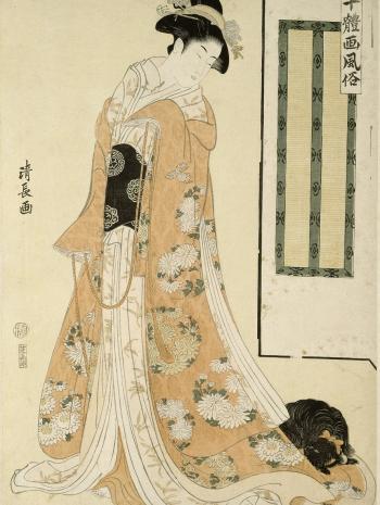 Torii Kiyonaga (1752-1815), Femme en kimono rose et petit chien. 1794, estampe nishike-e, 38,1 × 25,4 cm. Paris, musée national des Arts asiatiques – Guimet