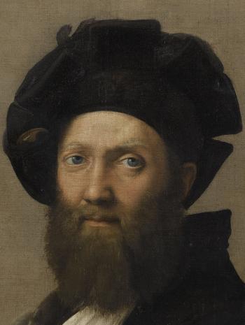Raffaello Sanzio, dit Raphaël (1483-1520), Portrait de Baldassare Castiglione, écrivain et diplomate (1478-1529). Détail du visage. Vers 1514-1515, peinture (huile sur toile), 82 × 67 cm. Paris, musée du Louvre